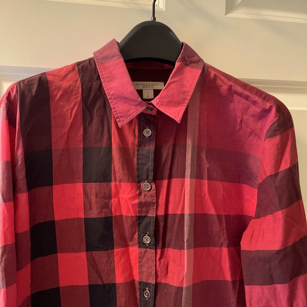 Burberry women’s button-down cranberry plaid check size large